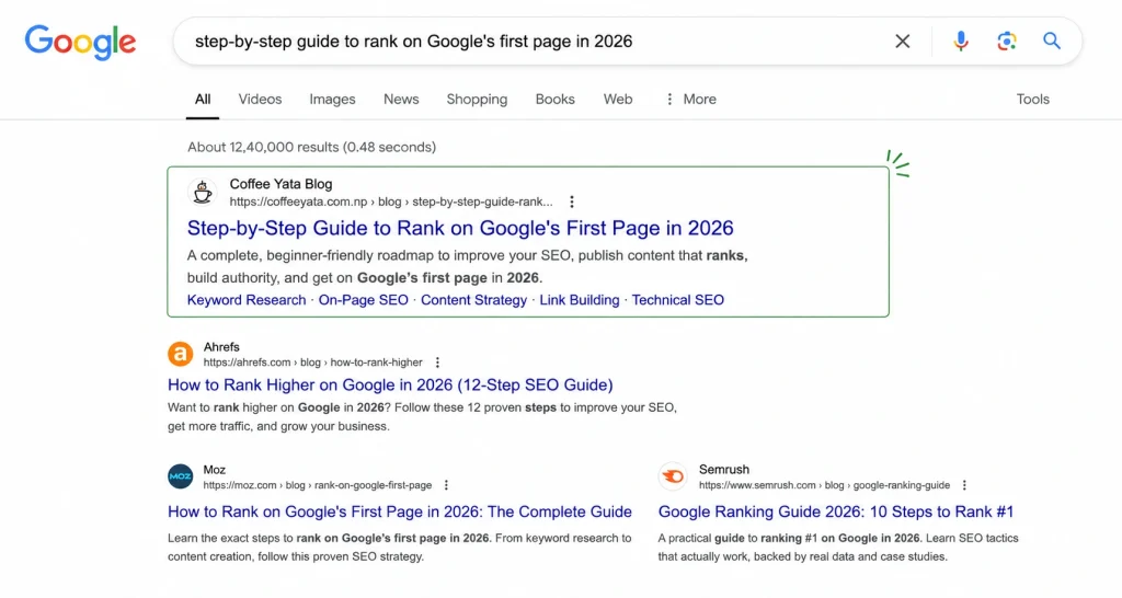 how to rank on Google's first page in 2026 step-by-step SEO guide for beginners